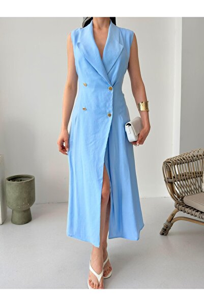 Serica Moda Bebe Mavi Kruvaze Yaka Düğmeli Yırtmaçlı Elbise