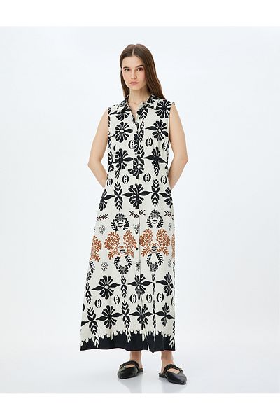 Koton Linen blend sleeveless ethnic patterned long shirt dress.