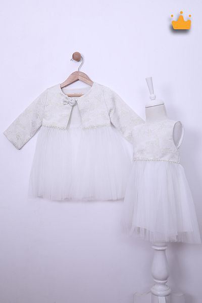 MİNİMONY Girl's Jacquard Eid Evening Dress 2 Piece Set Ecru 2027