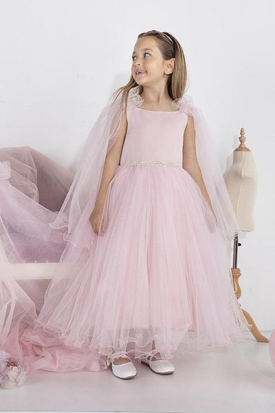 MİNİMONY 5-9 Years Girl's Full-Length Dress - Cape Sleeve Detail, Festive Graduation Prom Evening Dress with Bride