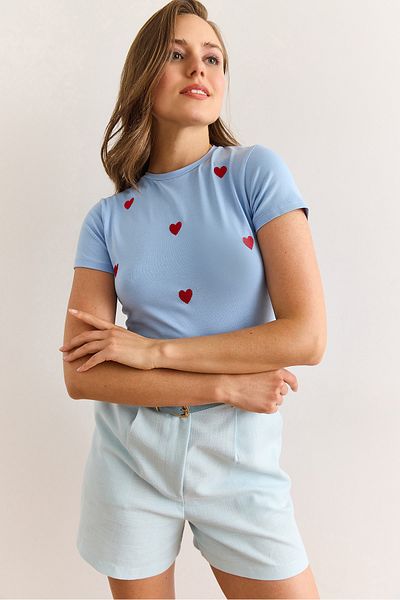 Olalook Tricou de damă din bumbac lycra cu broderie inimă albastră TSH-19000918
