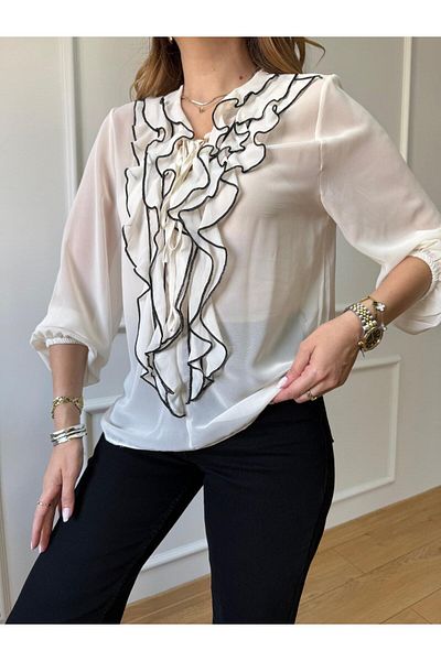 Size Özgü Ecru Ruffle Blouse with Stitching Detail