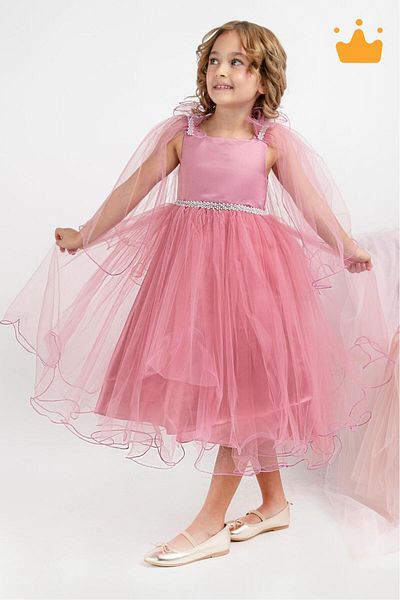 MİNİMONY 5-9 Years Girl's Full-Length Dress - Cape Sleeve Detail, Festive Graduation Prom Evening Dress with Bride