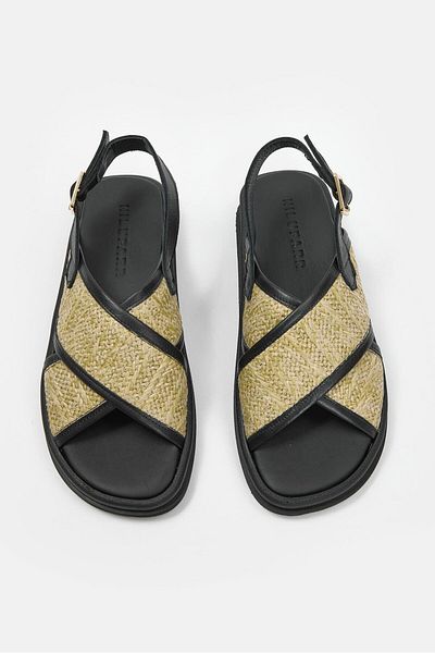NILUFARR Honey Black Genuine Leather Straw Strap Women's Sandals