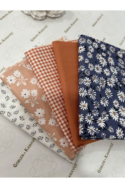 goblenkanaviçe Cotton Patterned Fabric Set, Kırkyama Fabrics Set of 5 50X110Cm