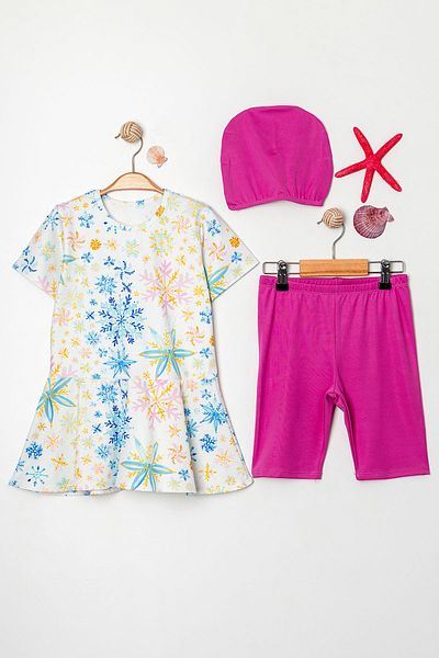 Beniizle Snow Patterned Flounce Skirt Bonneted Girl's Three-Piece Swimsuit Set