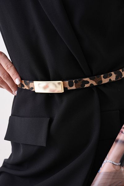 bayansepeti Curea de damă subțire din piele artificială cu model leopard, cu cataramă aurie, 2297
