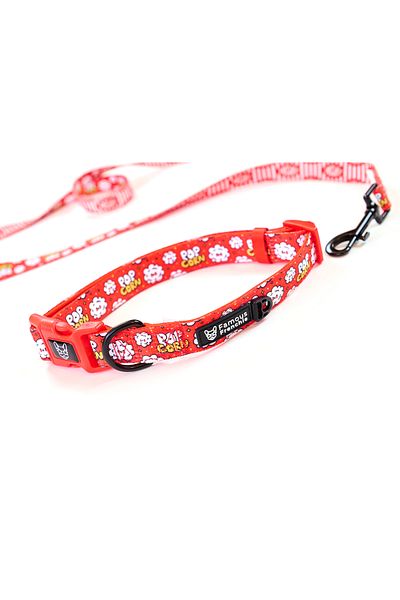 Famous Frenchie Set 3 piese, zgarda, lesa, accesoriu pungi pentru catei, Popcorn Fever