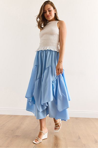 Olalook Women's Blue Elastic Waist Piece Skirt Etk-19000331