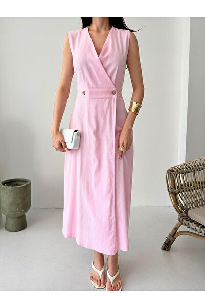 Serica Moda Pink Double Breasted Cut Sleeveless Long Linen Dress