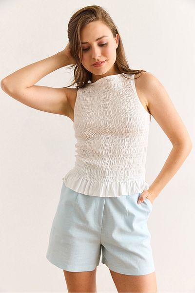 Olalook Women's White Gipeli Crew Neck Cotton Blouse Blz-19003013