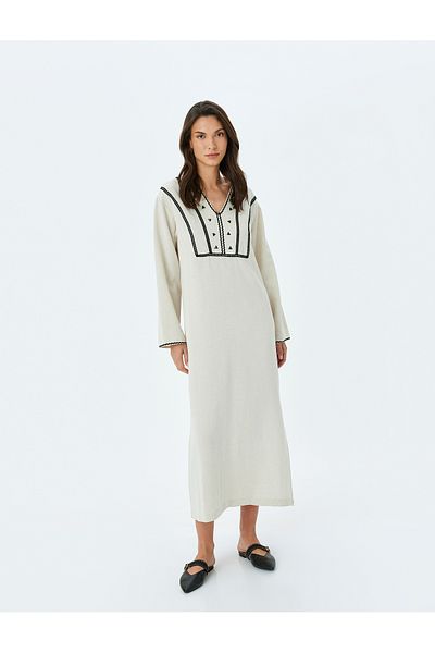 Koton Linen blend embroidered V-neck oversize long dress.