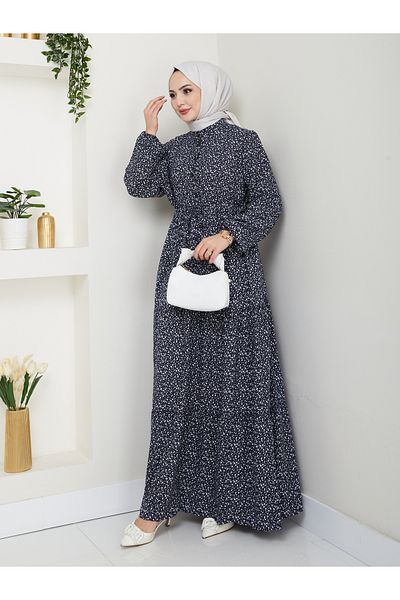 Nevayla Moda Φόρεμα με λεπτομέρεια με κουμπιά Floral Viscose - Navy Blue / E0123