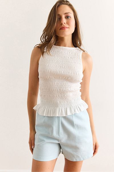 Olalook Women's White Gipeli Crew Neck Cotton Blouse Blz-19003013