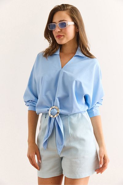 Olalook Women's Blue Front Accessory Shirt Collar Bat Blouse Blz-19003016