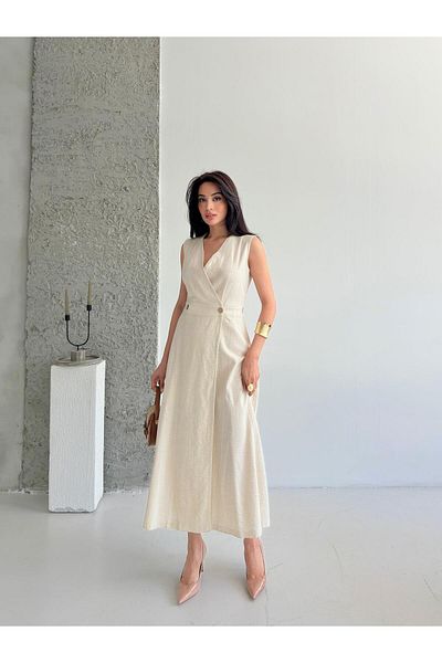 Serica Moda Stone Double Breasted Cut Sleeveless Long Linen Dress