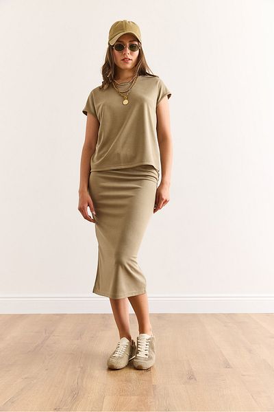 Olalook Women's Khaki Top Blouse Bottom Slit Skirt Modal Pique Suit Tkm-19000396