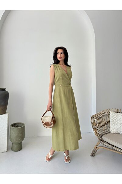 Serica Moda Green Double Breasted Cutout Sleeveless Long Linen Dress