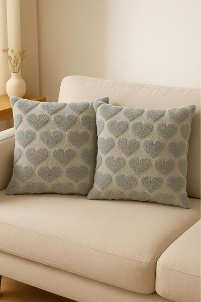 Miabella Home Pachet 2 Huse de pernă de pluș cu model inimă 45x45 cm |   Față de pernă decorativă cu fermoar