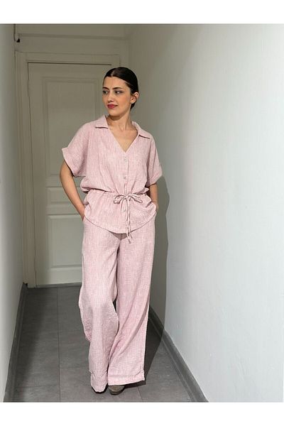 soBasic Beli Gather Detailed Short Sleeve Linen Bottom Top Set