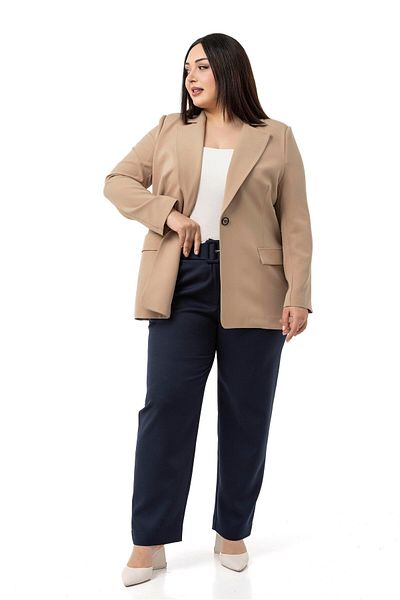 DISENTIS MODEST Plus Size Navy Blue Trousers with Pleated Front Pockets and Belt