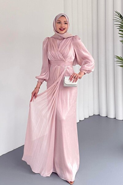 Modaensarbutik Gögsü Ve Beli Drapeli Balon Kol Tesettür Abiye-PUDRA