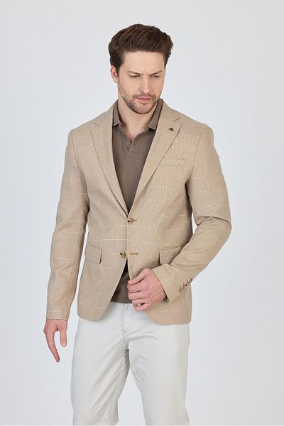Frappoli Ανδρικό αθλητικό μπλέιζερ μπουφάν Gerardo Camel καρό με υφή Polyviscon