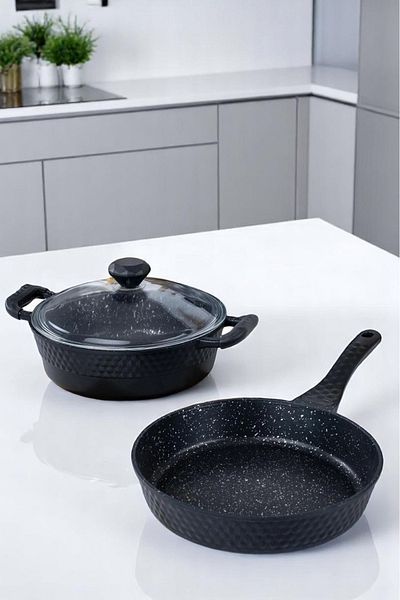 COOKCASE Cast Iron Granite Bowl & Pan Set 3 Pieces