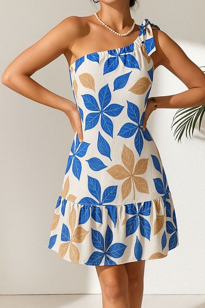 Know Rochie de damă Sax albastru-alb cu model floral, cu un singur umăr, cu volane