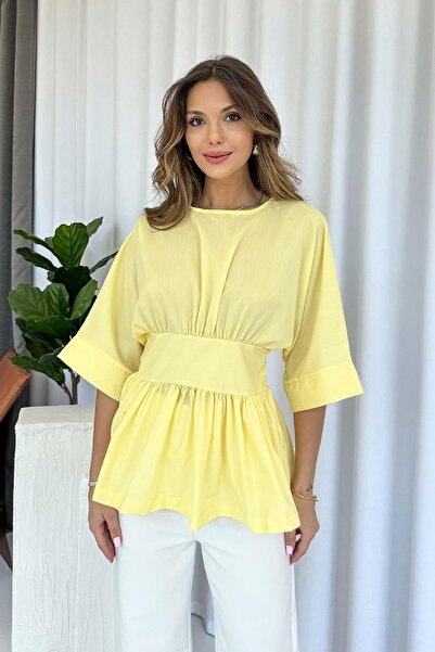 Mine Tan Butik Bluză de damă cu design detaliat cu centură în talie - galbenă