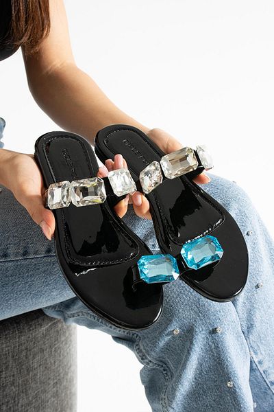 diclepolat Women's Montana Black Slippers Stone Detailed Flat Sole Flip Flops