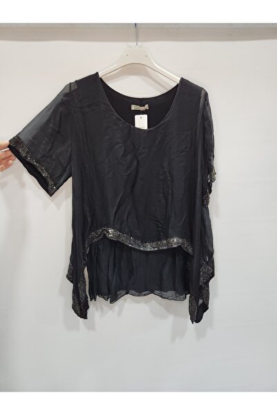 della moor Bluză neagră italiană cu mâneci scurte din amestec de mătase cu paiete