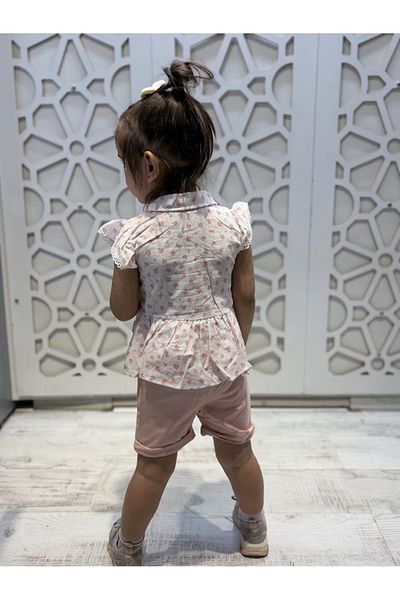 KUMRUNUN DÜNYASI Floral Printed Collar Shirt and Shorts Girls' Bottom Top Set