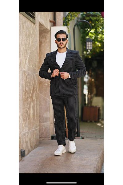 CXFASHİON Double Breasted Slim Fit Lycra Suit