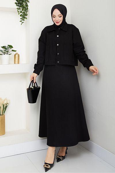 Bestenur Cerza Jacket Skirt Double Set 1534 - Μαύρο