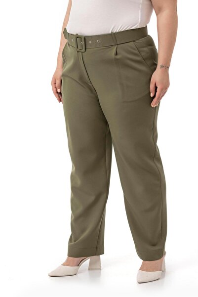 DISENTIS MODEST Plus Size Khaki Trousers with Pleated Front Pockets and Belt