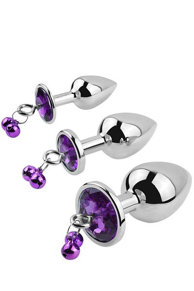 WildFashion Set 3 piese dopuri anale din metal inoxidabil cu piatra "diamond glow", Inox+Violet TOY414-610