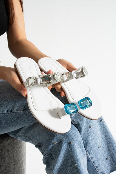 diclepolat Women's Montana White Slippers Stone Detailed Flat Sole Flip Flops