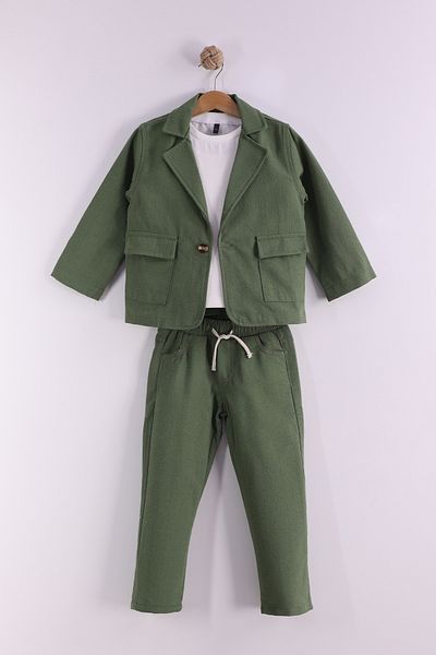 Pollito Boys Khaki Linen Jacket Pants 3 Piece Set