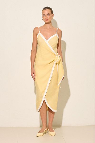Setre Butter Yellow-Ecru Linen Side Tie Stripe Detailed Asymmetrical Collar Midi Length Dress