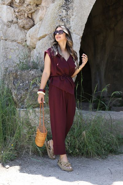 bytugcekaya Burgundy Natural Linen Double Breasted Vest Trousers Suit