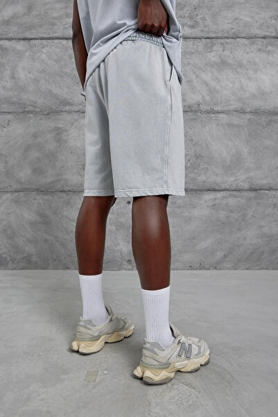 NOMARC Men's Gray Washed Shorts with Patchwork Embroidery Detail