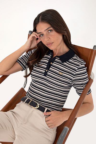 U.S. Polo Assn. Tricou cu gât polo cu dungi bleumarin pentru femei 50300678-vr033