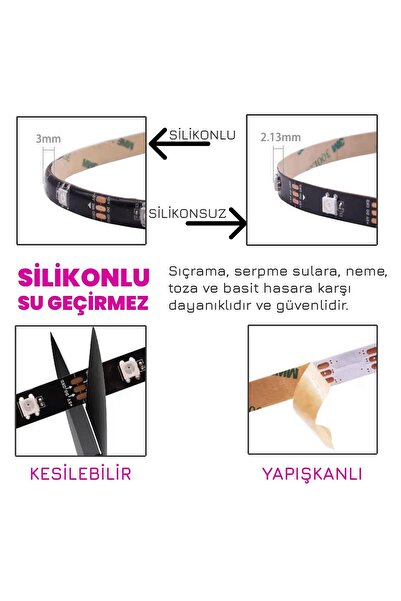 UpWay 3 Metre Bluetoothlu Müziğe Duyarlı Su Geçirmez Kesilebilir Silikonlu Kumandalı USB RGB Şerit L