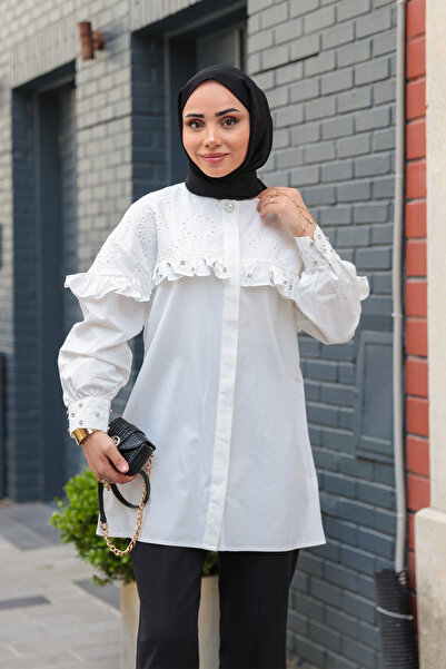 LOCCO Kadın Brode Detay Taşlı Gömlek Beyaz