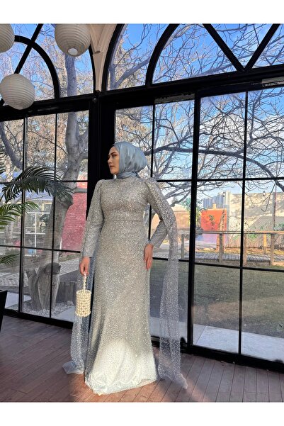 Atlas Pelerinli Işıltılı Tesettür Abiye