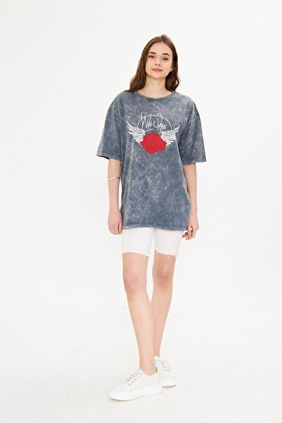 BELISTIL تي شيرت نسائي طويل مطبوع وقابل للغسل باللون الرمادي