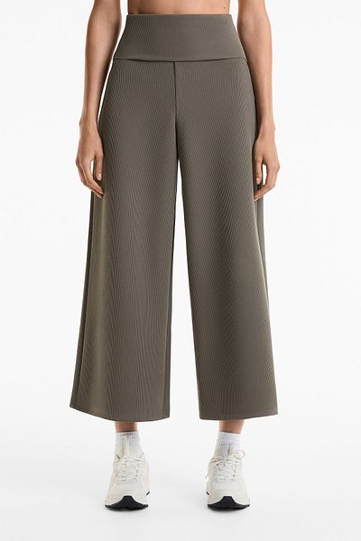 Oysho Foldover waist rib wide-leg trousers
