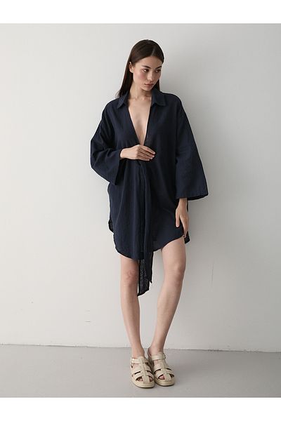 Laluvia Schwarzes Flam-Leinen-Kimono-Hemd