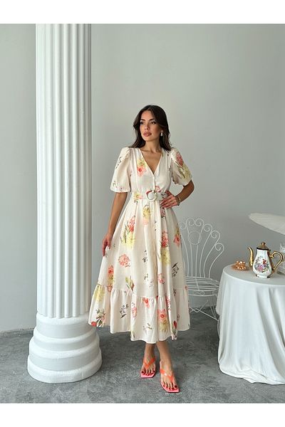 Ayinsu Floral Pattern Balloon Sleeve V Neck Midi Dress